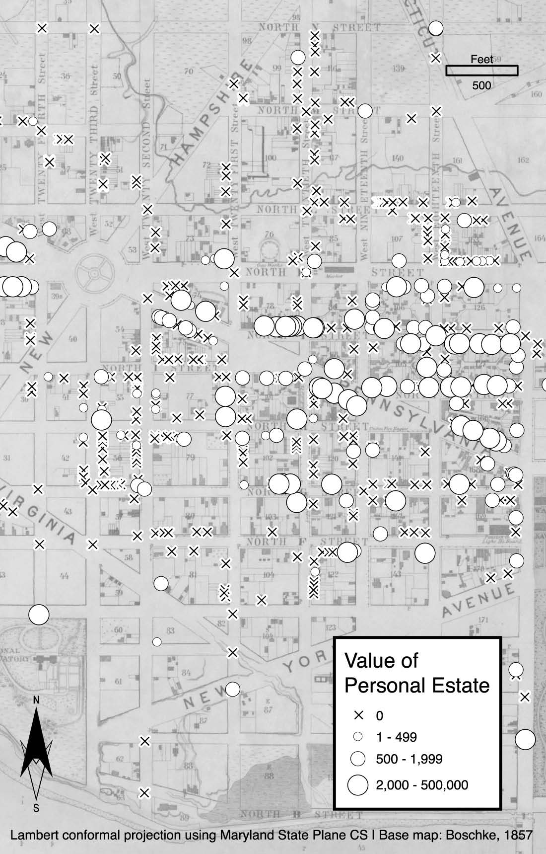 Image of a map showing personal estate values in Washington, DC's First Ward