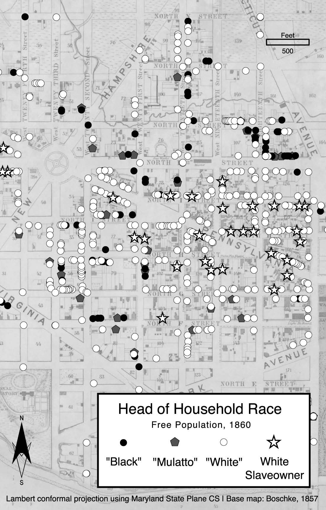 Image showing head of household race, including slave owners, depicted on a map of the First Ward in Washington, DC